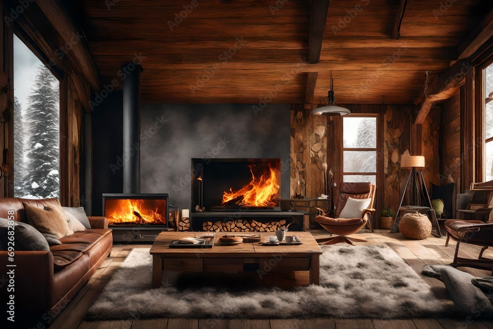 interior living room with fire in winter to gain heat