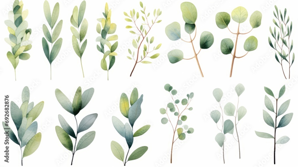 Watercolor set of eucalyptus leaves. illustration Generative AI