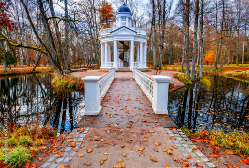 Late autumn colors with pedestrian bridge as foreground  in old public park