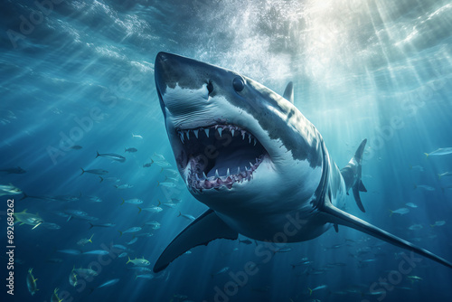A great white shark swimming underwater with his mouth open showing his teeth