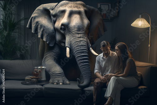 A couple sitting on the couch talking with an elephant in the room with them, depicting the concept of not addressing the elephant in the room © Dennis