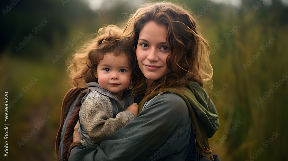 Mutter trägt Kind auf ihrem Arm, Mutter-Kind-Beziehung - obrazy, fototapety, plakaty 