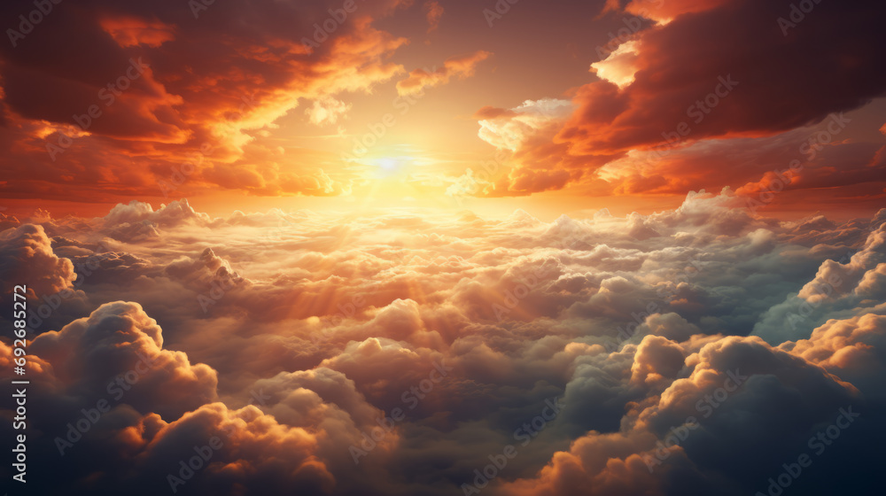 Beautiful sunset sky above clouds with dramatic light.  - obrazy, fototapety, plakaty 