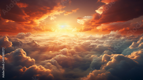 Beautiful sunset sky above clouds with dramatic light.  photo