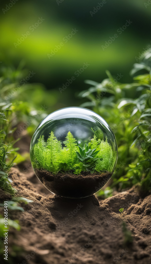 Terrarium in a glass sphere on a green background Terrarium in a glass sphere on a green background