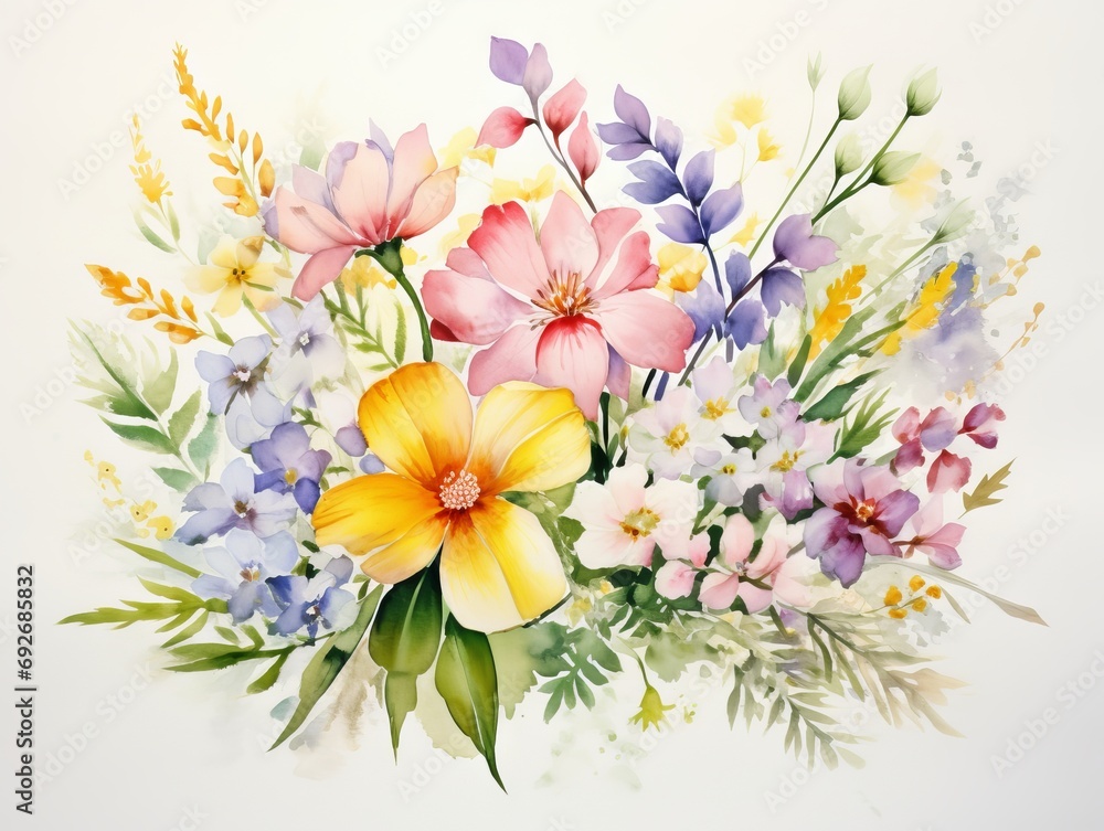 Beautiful bouquet of spring flowers in watercolor style. illustration. Generative AI