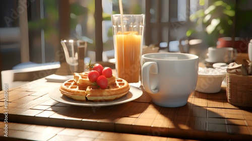 Breakfast with waffles and coffee on table in cafe, closeup