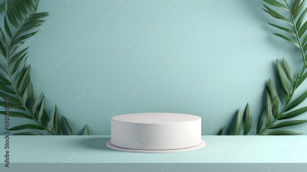 3D vector pastel background with realistic white and blue cylindrical pedestal. decoration with green leaves