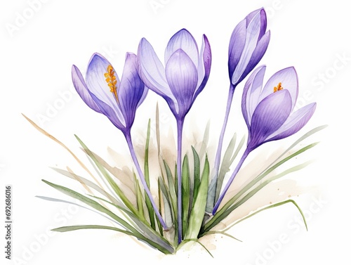 Beautiful vector image with nice watercolor hand drawn crocus flowers Generative AI photo