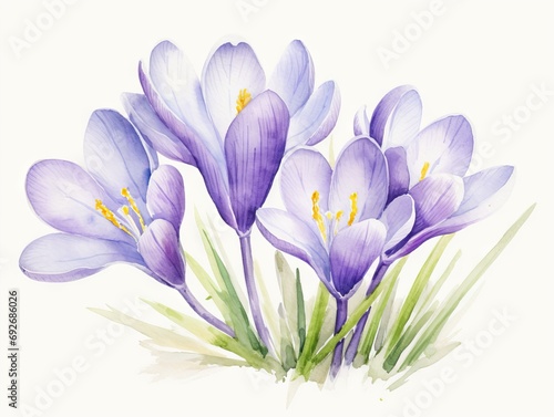 Watercolor crocus flowers on white background. Hand drawn illustration. Generative AI