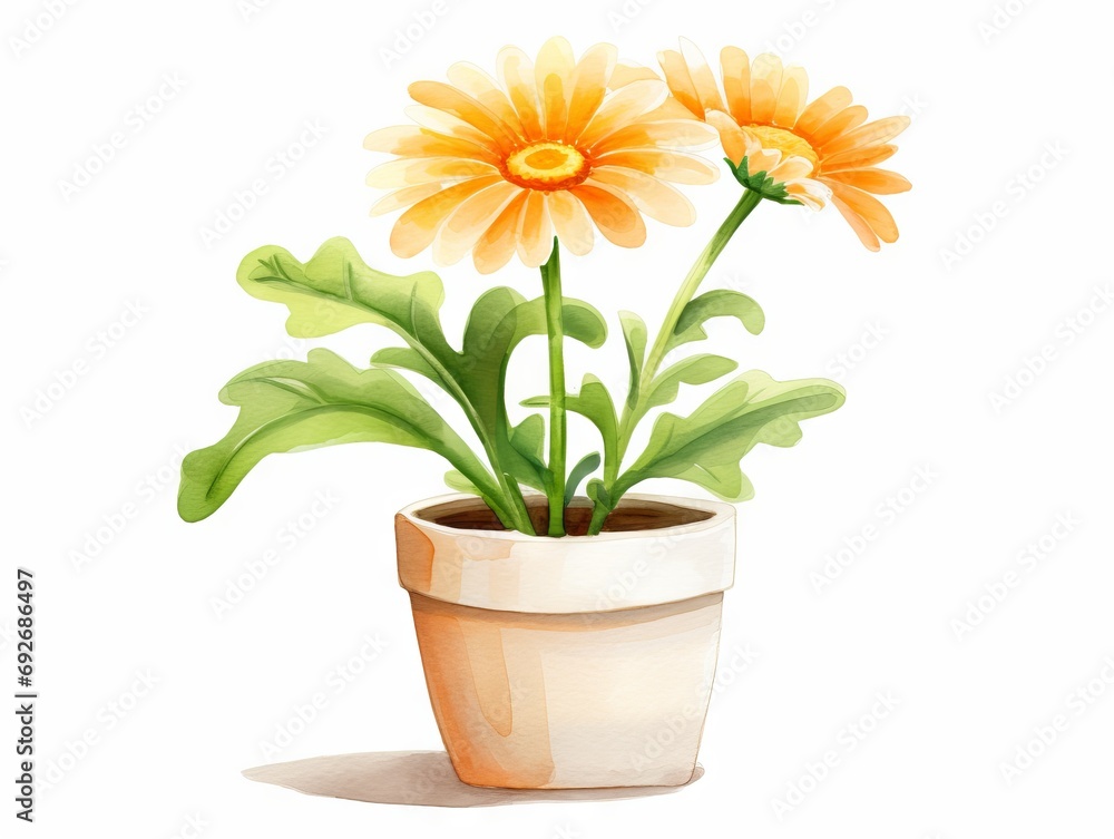 Gerbera flower in a pot. Hand drawn vector illustration. Generative AI