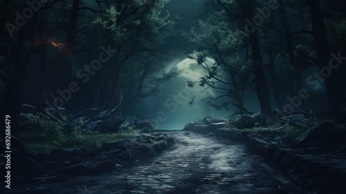 Night forest with trees and road forest wood fantasy background A dark,