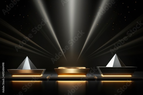 3D backgrounds with black, gold, silver podiums and elegant geometric backdrops.