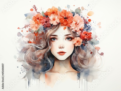 Portrait of beautiful young woman with floral wreath on her head Generative AI