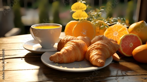 Breakfast with coffee, croissants and orange juice in garden