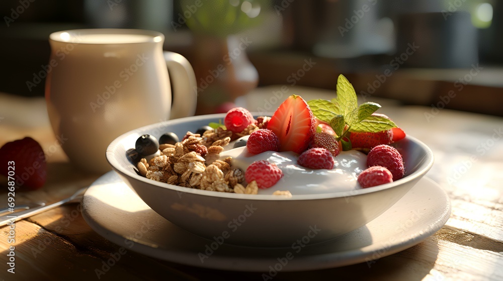 Yogurt with fresh berries and granola in bowl on wooden table Yogurt with fresh berries and granola in bowl on wooden table