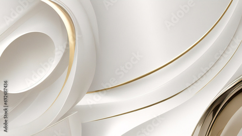 Moderner, minimalistischer und sauberer Weißgold-Hintergrund mit realistischer Linienwellen-geometrischer Kreisform, abstrakte Weiß- und Goldfarben mit Linienmuster-Textur-Geschäftshintergrund photo