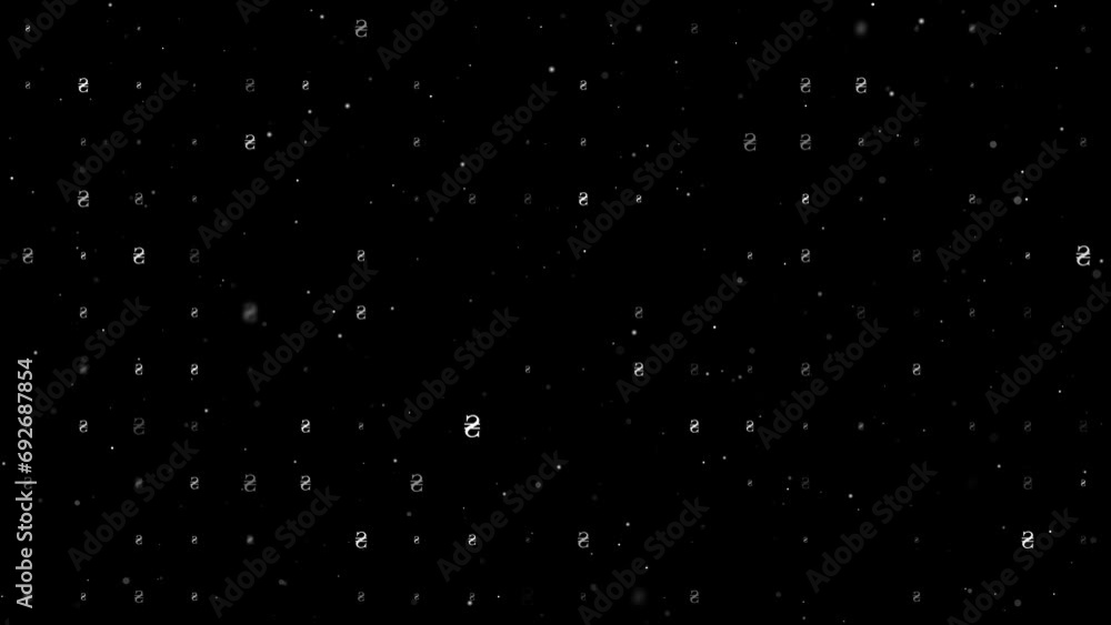Template animation of evenly spaced hryvnia symbols of different sizes and opacity. Animation of transparency and size. Seamless looped 4k animation on black background with stars Template animation of evenly spaced hryvnia symbols of different sizes and opacity. Animation of transparency and size. Seamless looped 4k animation on black background with stars