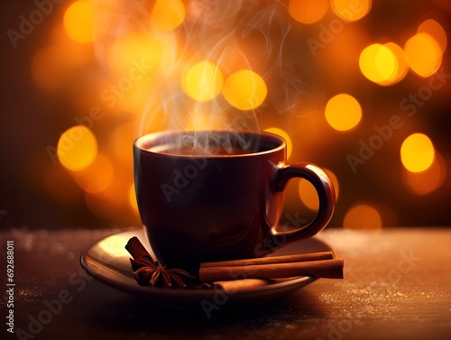 An Ai Generated image of a Mug of Hot Mulled Wine on a Table wtih Spices and a Christmas Tree in the Background
