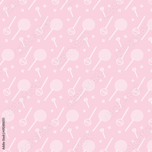 Cute lollipop seamless pattern on stick in outline style on pink background for backgrounds, patterns, wrapping, packging, wallpapers