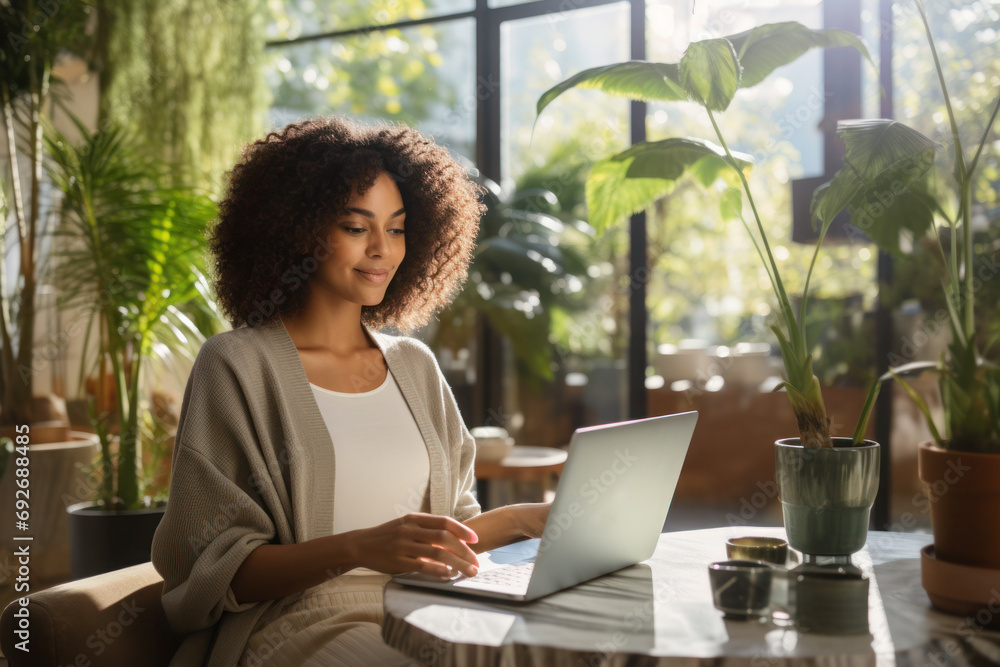 © aamulya - Young woman working on a laptop while sitting at a table