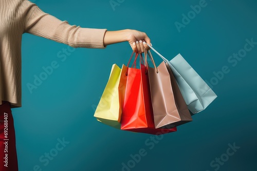 A Female Hand Grasping Many Shopping Bags on a Blue Background, A Versatile Template Displaying the Joy of Shopping and Personal Style