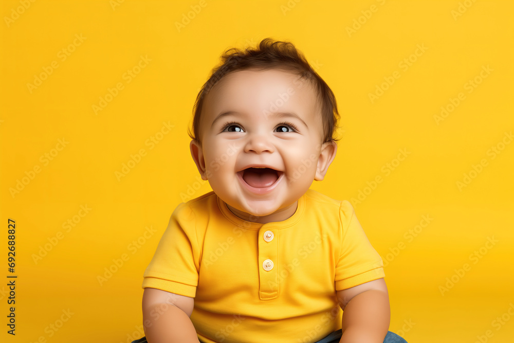 Cute and adorable infant in yellow clothing on yellow background Cute and adorable infant in yellow clothing on yellow background