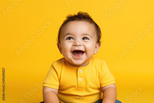 Cute and adorable infant in yellow clothing on yellow background