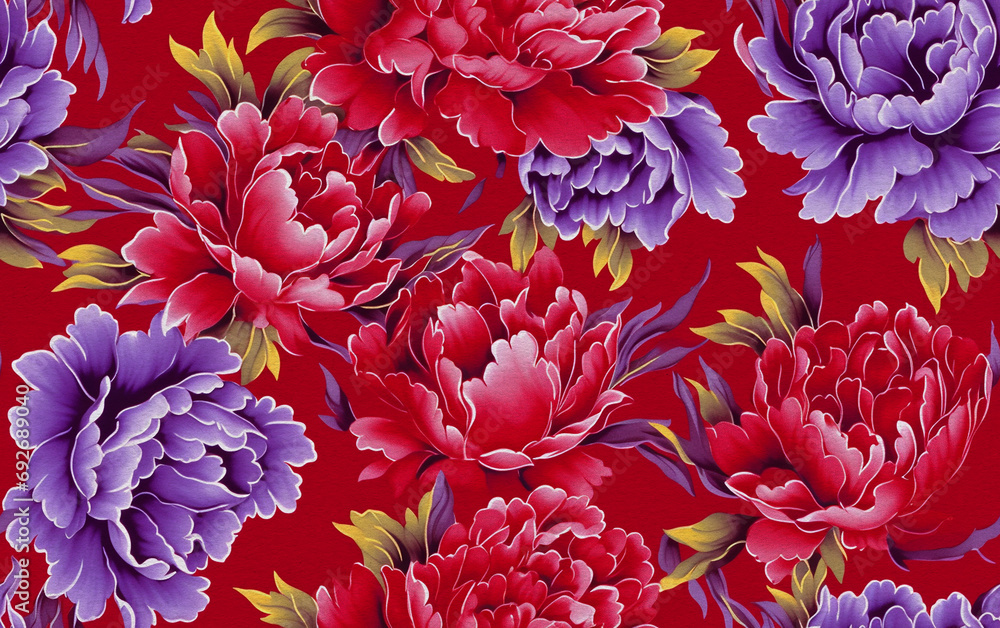 red flower pattern in Chinese style with watercolor paper texture
