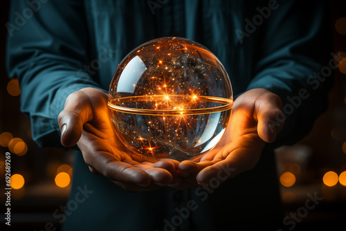 A person holding a crystal ball, symbolizing the ability to foresee innovative ideas in a minimalist setting