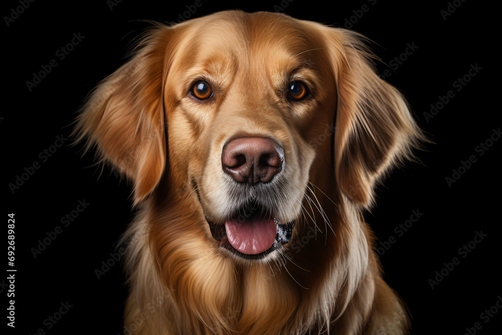 Portrait of a golden retriever dog breed against a black background