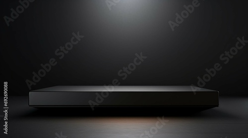 Black podium or pedestal display on dark background with long platform. Blank product shelf standing backdrop
