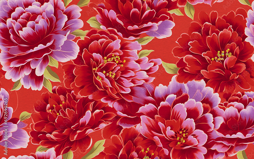 red flower pattern in Chinese style with watercolor paper texture
