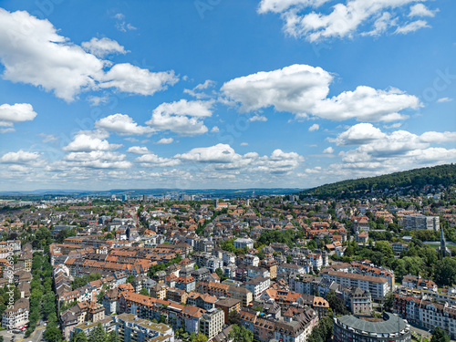 Aerial view of Swiss City of Zürich on a blue cloudy summer day. Photo taken July 20th, 2023, Zurich, Switzerland.