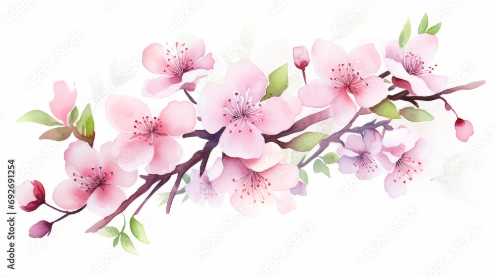 Watercolor cherry blossom branch. Hand painted spring flowers. illustration. Generative AI