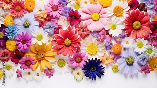 Colorful daisy flowers background. Top view. Flat lay. Generative AI