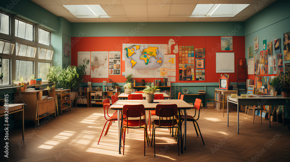 Elementary classroom - table chairs - wide shot 