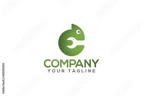 Creative logo design depicting a chameleon with a wrench in the negative space. 