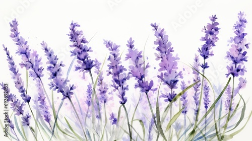 Watercolor lavender flowers on white background. Hand drawn illustration. Generative AI