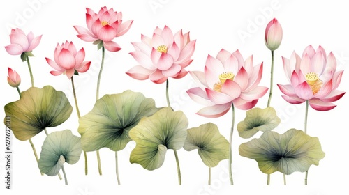 Lotus flower and Lotus flower plants. watercolor illustration. Generative AI © Alex