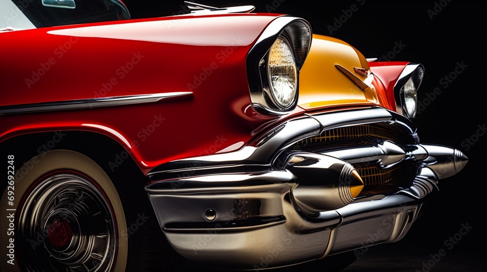 A captivating close-up shot of a classic car on a solid background, emphasizing its gleaming paintwork and timeless beauty.