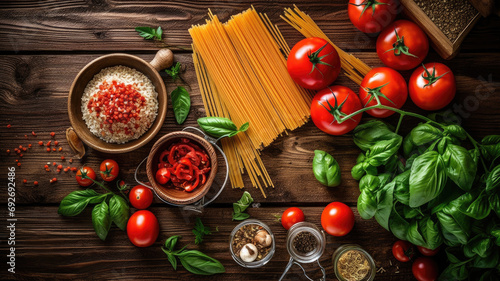 Ingredients for Italian pasta on the table.