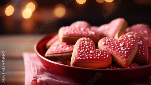 Red homemade heart-shaped cookies decorated with white icing for Valentine's Day on the table with festive background