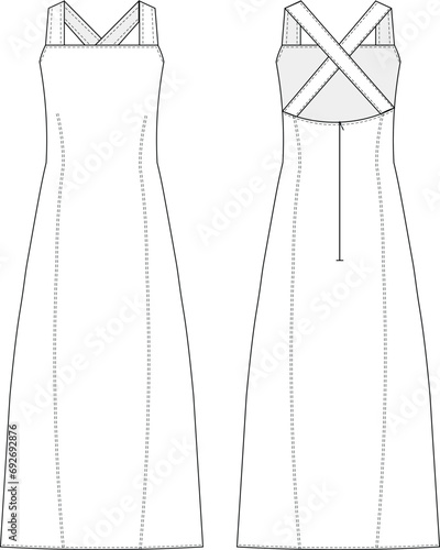 midi loose apron a line dress with straps template technical drawing flat sketch cad mockup wpman fashion design model style