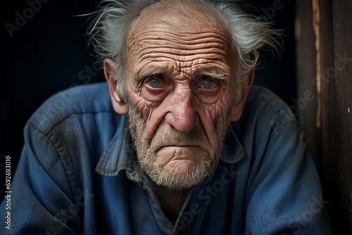 The wrinkled face of a very old man in close-up. Age-related changes. Taking care of the health of the elderly © Alena