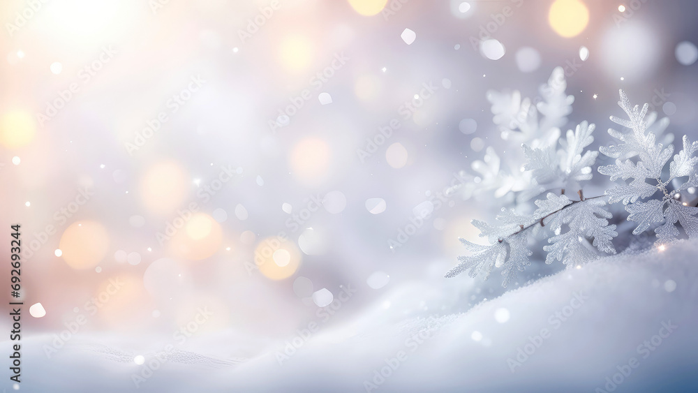 Winter blurred background with snowflakes and snowy tree branch. Christmas,New Year holidays banner for design.Generative AI 