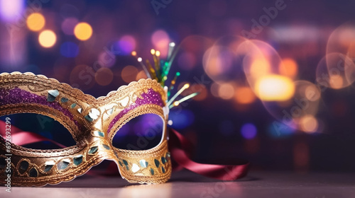 copy space, Gold, purple and green glittery mardi gras mask on shining bokeh city banner. Perfect for carnival, Mardi Gras, party, celebration, and theme-related concepts. Carnival background. © Dirk
