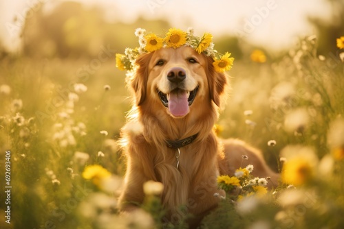 Smiling golden retriever adorned with a daisy chain in a field of wildflowers. Beauty of spring. Easter celebration. Design for springtime event poster, banner, or wallpaper photo