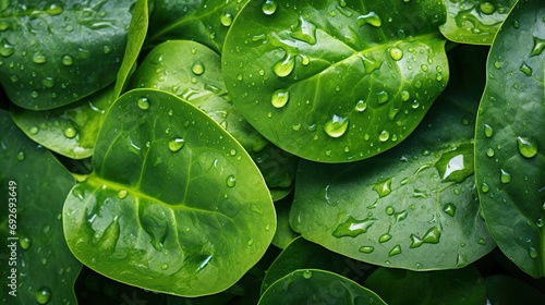 Closeup of water drops on fresh deep green baby spinach leaves