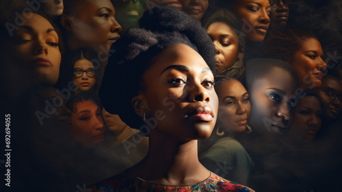 Black woman on background, collage of diverse faces from the community photo